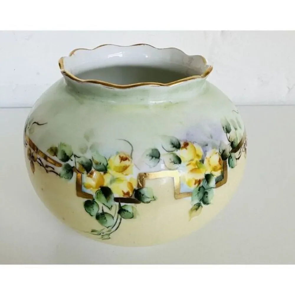 Vintage Hand Painted Yellow Flowers Vase Green & Gold‎ Accents 4.5